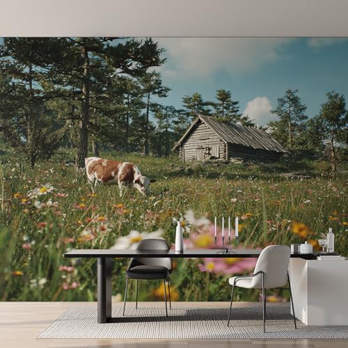 Genérico Papel Pintado Vaca en Escena Pastoral, Papel Pintado pared Dormitorio Paisaje de Granja Rústica, Decoracion pared Salon, Fotomurales Tejido no Tejido, 250 x 175 cm K-MZ&1