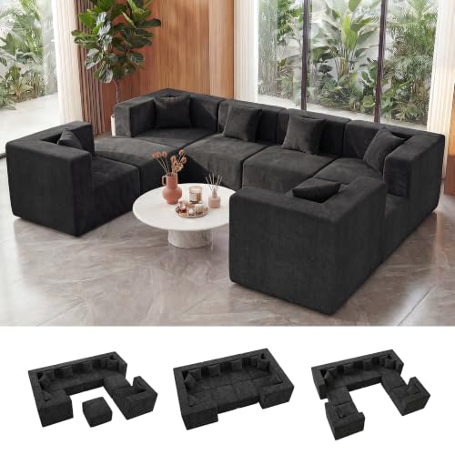 Image of MONVANE Oversized Boneless Sectional Couches for Living Room, 8-Seat Cloud Couch, Modular Sofa with Ottoman & 8 Throw Pillows, Comfy Chenille, No Assembly Required, Black