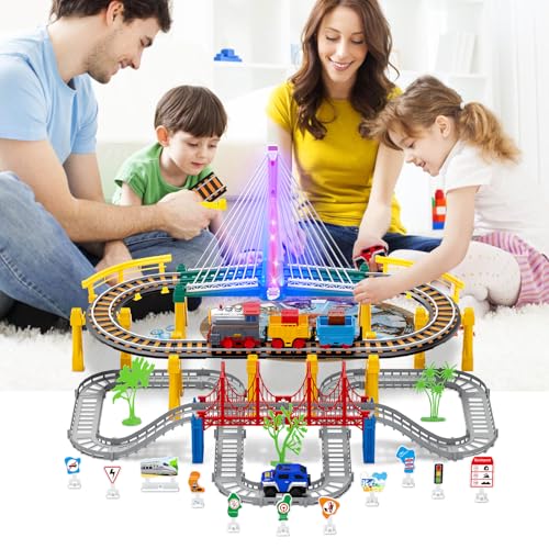 electric train set for kids ages 4-8 with train tracks set amp car tracks lights up bridge road sign realistic sound train track accessories playset boy toys birthday 4 5 6 7 8 year old