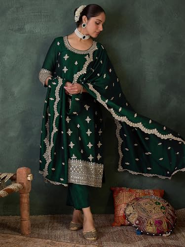 Image of INDO ERA Women's Straight Silk Blend Ethnic Motifs Embroidered Kurta & Pant with Dupatta Set (IESTR10550)
