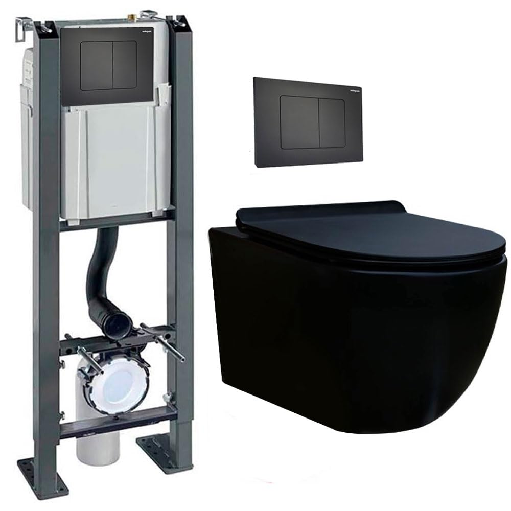 Pack Complet WC Sans Bride + Cuvette suspendu sans bride + Plaque DESIGN (Bâti chrono autoportant, Plaque noir mat soft touch)