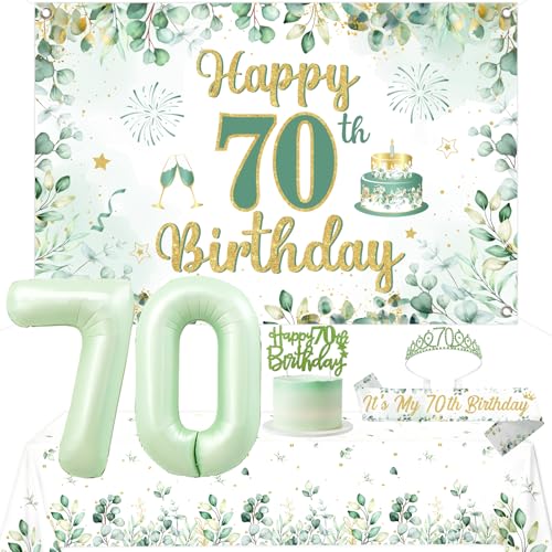 Écharpe anniversaire femme 70 ans et kit décoration vert sauge avec nappe de fête