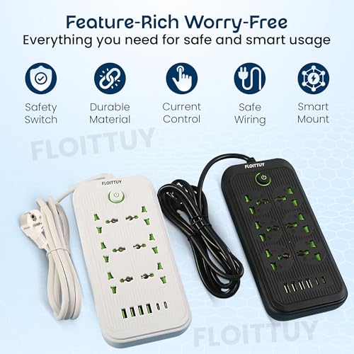 Image of FLOITTUY 6‑Outlet Extension Board with 4 USB & 2 Fast Charging Type-C Port | Wall Mountable Extension Board | 2500W Multi Plug Extension Cord for Home & Office | Surge Protector Power Strip