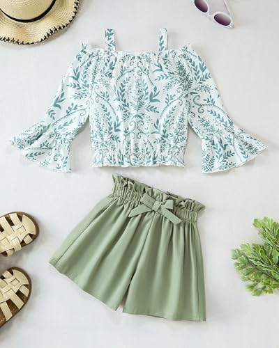 Image of Weebaby Girls Clothes 2 Piece Outfits Cute Kid Clothes Crop Top Paperbag Waist Shorts Set Summer Clothes for Tween Girls