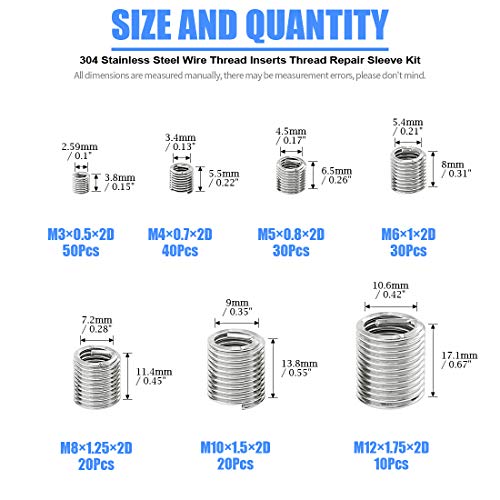glarks 200pcs wire inserts screws sleeve assortment kit 304 stainless steel metric m3 m4 m5 m6 m8 m10 m12 wire thread inserts helical type coiled wire screw repair sleeve for automotive repairs