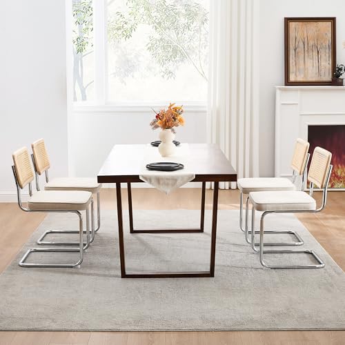 Image of Zesthouse Natural Rattan Dining Chairs Set of 4, Mid Century Modern Dining Chairs with Solid Wood Back & Chrome Base, for Kitchen Living Room, Breuer Design Inspired, Upholstered Linen Fabric, Beige