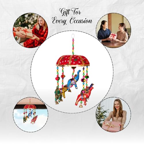 Image of Rajasthani Multicolor Elephants Jhoomer with Bell - Decorative Wind Chimes for Door & Wall Hanging, Ideal Home Decor & Gift Showpiece (Red)