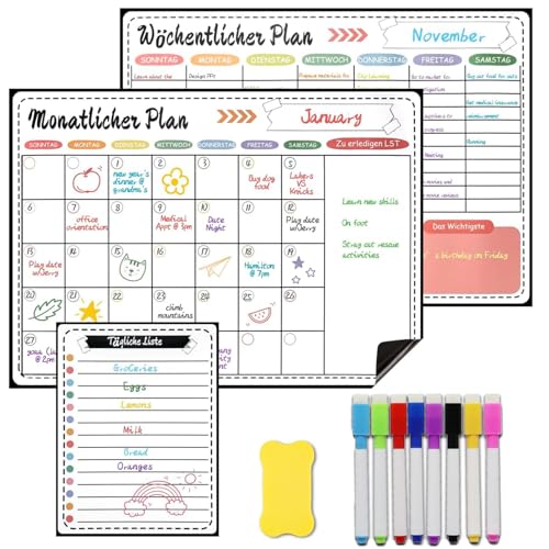 3 Stück Stundenplan Abwischbar mit 1 Whiteboardlöscher, Whiteboard Wochenplaner und Monatsplaner Magnetisch, Essensplaner Woche, Haushaltsplaner Familie, Wochenplaner Kühlschrank