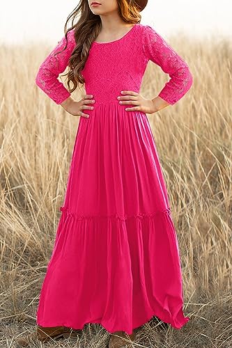 Image of MITILLY Girls Lace Flower Wedding Guest Long Maxi Dress for 6-12 Years | Girls Boho Dress, Girls' Special Occasion Dresses, Wedding Party, Size 6-12 Years, Ruffle Sleeve, A Line, With Pockets