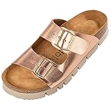 Palado Damen Pantoletten Korfu PL - Outdoor & Hausschuhe mit verstellbaren Riemen - Plateau Schuhe mit Sohle aus feinstem Veloursleder - Sandalen mit Natur Kork-Fußbett Metallic Rose Gold 39 EU