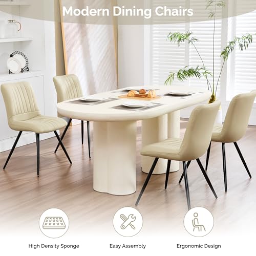 Image of Dining Chairs Set of 6, Modern Dining Chairs with Thick Cushions, PU Leather Upholstered Kitchen Dining Room Chairs with Metal Legs for Dining Living Room (Khaki)