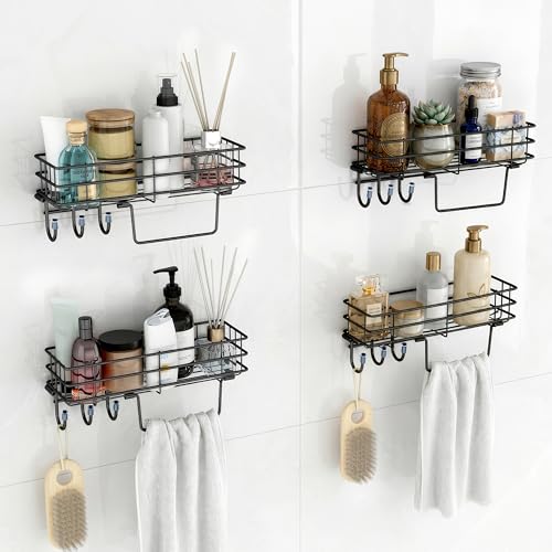 Image of Plantex Self Adhesive Bathroom Shelf /GI Steel Bathroom Shelf with Hook and Napkin Holder /Bathroom Organizer Without Drill /Bathroom Accessories- Pack of 4 (Black)