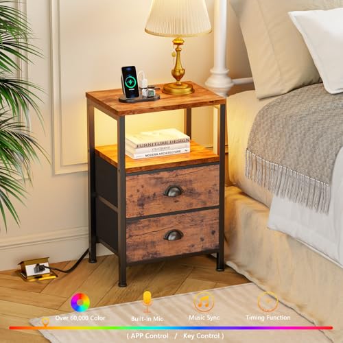 Image of Furologee Nightstands Set of 2 Charging Station, End Tables with LED Lights, Nightstands with 2 Fabric Drawers and Shelves, Bedside Tables for Living Room /Bedroom,Rustic Brown
