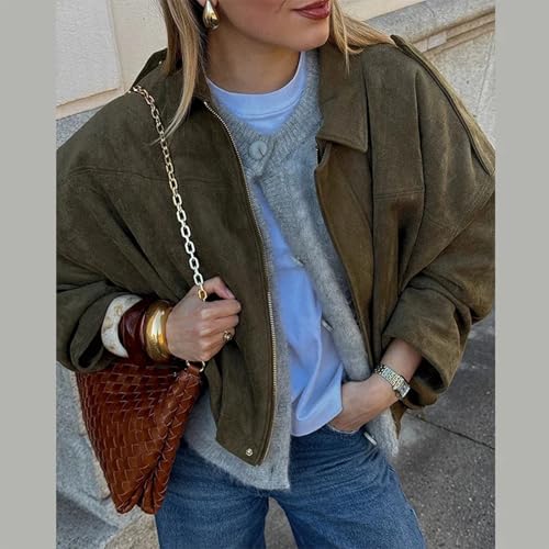 Women's Faux Suede Bomber Jacket Oversized Pilot Coats Fall Lapel Zip Up Motorcycle Streetwear Outerwear3