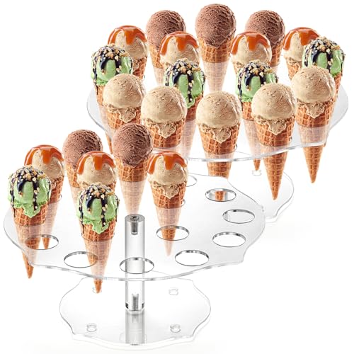 yarlung - Yarlung 2 Pack Ice Cream Cone Holder, 16 Holes Acrylic Waffle Cone Display Stand, Clear Hand Roll Sushi Popcorn Rack for Party Buffet Birthday Wedding