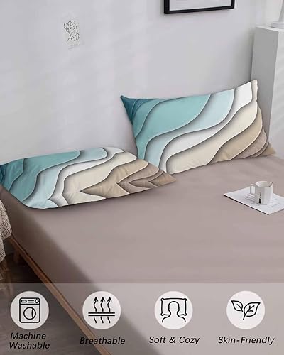 Miniatura 4 de Fundas de almohada geométricas de color azul y verde con diseño de olas de mar del océano tamaño King, fundas de almohada suaves decorativas para