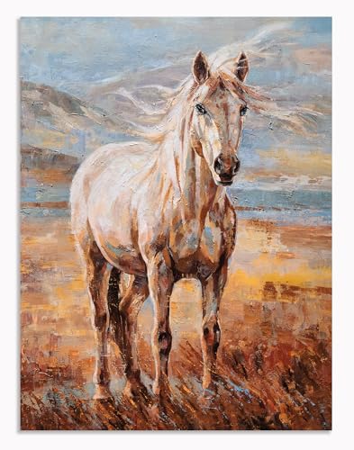 Yihui Arts Textured Hand-Finished Horse Oil Painting Print, Rustic Equestrian