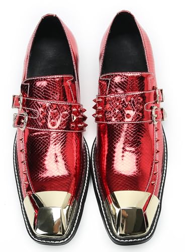 Santimon Men's Slip On Penny Loafers - Genuine Leather Dress Casual Western Shoes with Metal-Square Toe & Beaded Buckles for Wedding & Tuxedo Party3