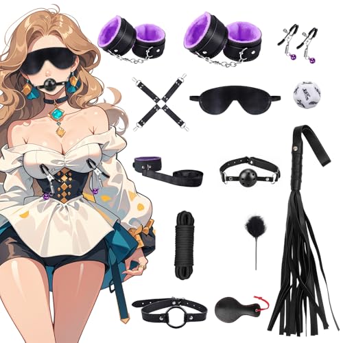 SM Bondage Kit,13 Piezas SM Esclavitud Juguetes Sexuales BDSM Restraints Kits con Ajustable Esposas Adulto Látigo Erótic Máscara Juegos Sexuales para Principiantes