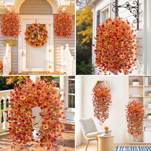 Image of Bassion Artificial Mums for Outdoor, 2 Pcs Fake Fall Hanging Flowers, Mixed