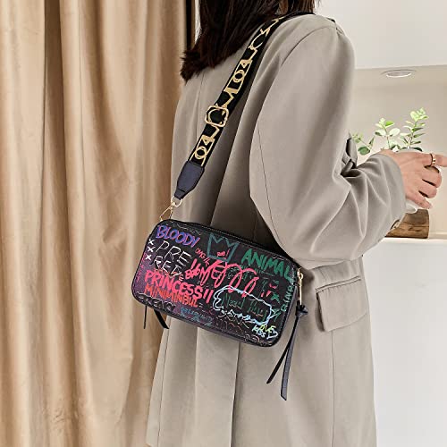 PU Leather Graffiti Square Bag, Large-capacity Tassel Bag, Shoulder Messenger Bag, Double Zipper Adjustable Wallet4