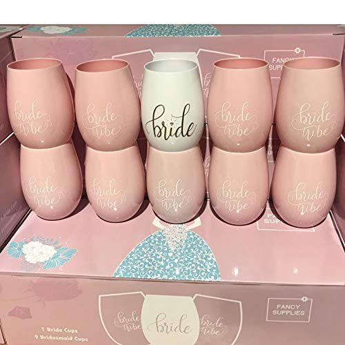 Wedding-Time Party Xclusive Stemless Wine Cups 1 Bride and 9 Bride Tribe bachelorette plastic glasses bridesmaid maid of honor (Set of 10) (Pink)