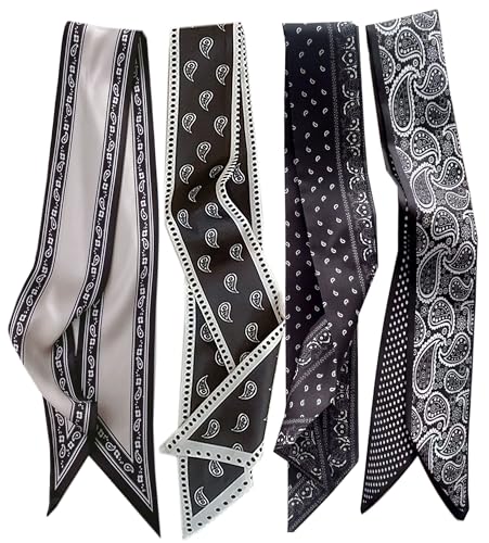 AruiLeo 4 Pcs Bag Handbag Handle Ribbon Hair Head Band Neck Scarf For Hair Fashion Skinny Scarves For Women Gift (Black)