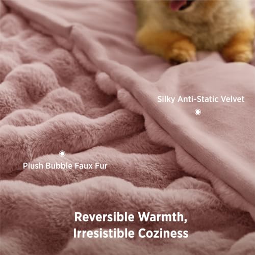 Image of Bedsure GentleSoft Bubble Faux Fur Blankets Queen Size, Fluffy Fuzzy Queen Blanket for Bed, Soft Cozy Faux Fur Bedding for Winter, Thick Warm Plush Bed Cover, Dusty Rose, 90x90