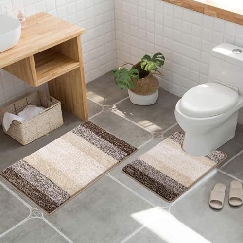 Enyhom Soft Bathroom Mat Set - 2 Piece Water Absorbent Bath Mats and Toilet Mat Set, Non Slip, Machine Washable, Coffee - Image 8