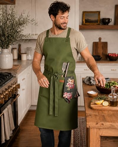 Image of Kitchen Apron - 100% Cotton, Adjustable Neck strap, Large Pocket - Unisex Apron for Men & Women - Cooking, Baking, BBQ, Gardening - Solid Colours, Striped and Checkered Patterns