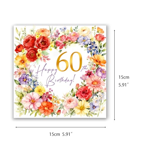 Runovate 60th Birthday Gifts for Women, 60th Birthday Card for Women with Wooden Heart Plaque, 60th Flower Happy Birthday Card with Envelope and Plaque for Mum Wife Sister Daughter