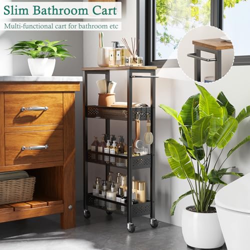 Slim-Storage-Cart-4-Tier-Narrow-Kitchen-Rolling-Cart-on-Wheels-for-Small-Space-Mobile-Utility-Cart-Shelving-Unit-with-Wooden-Top-and-Metal-Handle-for-Kitchen-Bathroom-Laundry-Room Slim Storage Cart 4 Tier Narrow Kitchen Rolling Cart on Wheels for Small Space Mobile Utility Cart Shelving Unit with Wooden Top and Metal Handle for Kitchen Bathroom Laundry Room