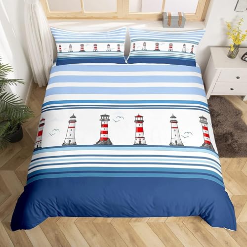 NDXRWDZR 掛け布団カバー 海軍灯台 布団セット 全開ファスナー 抗菌防臭 防ダニ 通気性 洗い速乾 ポリエステル布団カバー 210x210cm + 2 枕カバー 43x6cm