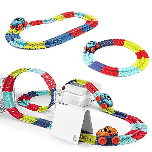 Image of Kidology Dinosaur Car Race Tracks Toy for Kids | Color-Variable Race Track Toy with Light Flexible Track | Flexible Track Creative Gravity Free Racer Track Sets for Kids, Construction Toy (135 pc)