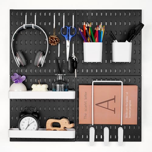 VEVOR Porta Attrezzi da Parete 28 x 28 cm Set di 4 Organizzatore da Parete in Plastica con Accessori per Garage, Porta Attrezzi, Cucina, Soggiorno, Stanza Artigianale, Ufficio, Bagno, Casa, Nero