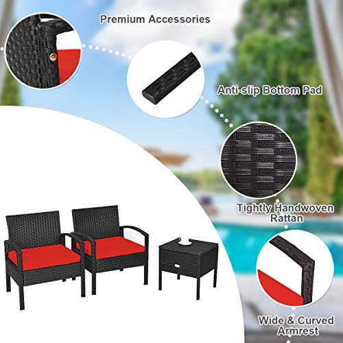 Toolsempire Outdoor Conversation Set 3 Pieces Patio Furniture, Outdoor Bistro Set Wicker Patio Chair With Water-Resistant Cushion & Storage Table For Backyard, Balcony, Porch(Red) #TOP1