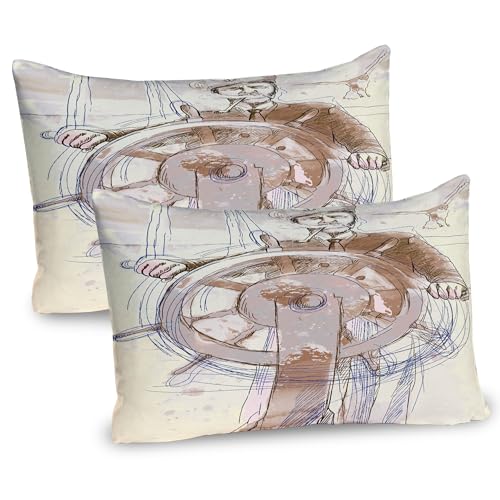 Ambesonne Nautical Pillow Sham Set of 2, Sea Captain The Leader Seaman Sketch Art Navigation Navy Classical Flying Bird, Quality Microfiber Bedding Item for All Seasons, 36