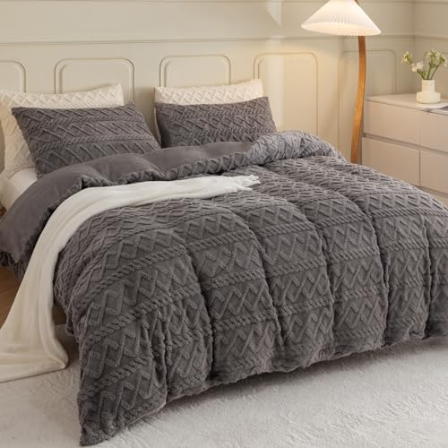 Levoo Fluffy Faux Fur Queen Duvet Cover Set