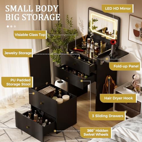 Image of COMHOMA Makeup Vanity Desk with Mirror and Lights, Small 3 in 1 Vanity Table with Visible Glass Top, Flip Top & 3 Drawers, Compact Dressing with Storage Stool for Room or Office