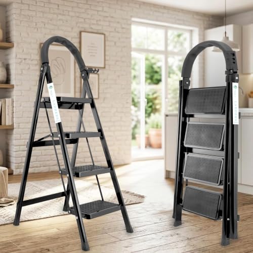 Image of Norman Jr Black 4 Step Ladder for Home Use with Built-in Tool Tray | Heavy Duty D Shape Rods | Ultra Large Platform | Wide Rubber Feet | 150Kg Capacity Foldable Ladder - 7 Years Warranty