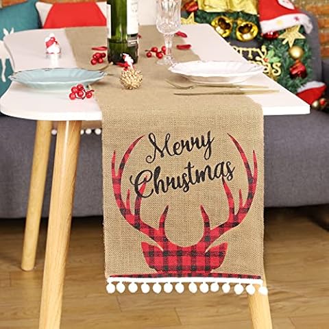 MACTING Christmas Burlap Table Runner, 12” X 108” Natural Jute Hessian Table Runners with Small Pom Poms Printed Red and Black Plaid Pattern and Merry Christmas for Home Party Christmas Decoration Cover