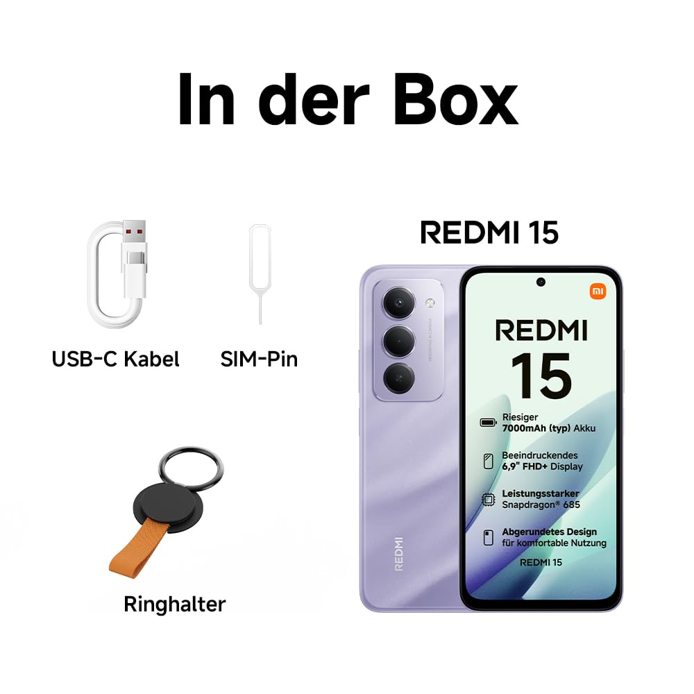XIAOMI Redmi 15, Smartphone 6+128GB, Handy mit Android, 6,9" FHD+ 144Hz DotDisplay, Snapdragon 685, 50MP KI-Dualkamera, 7000mAh Akku, Midnight Black