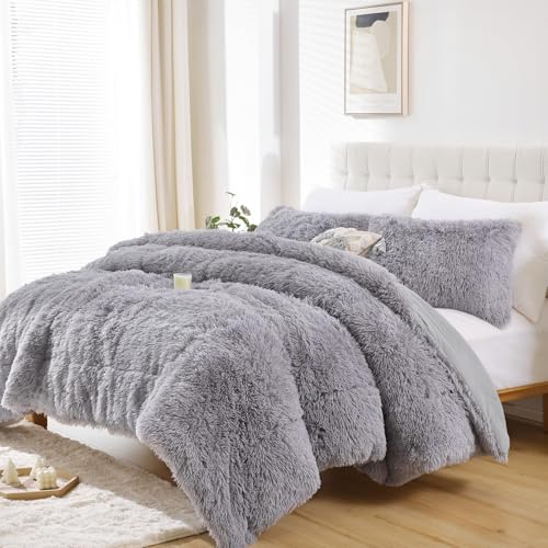 Smoofy Fluffy King Size Comforter Set, Faux Fur Comforter Set, Luxury Fuzzy King Bedding Set, Soft Shaggy Bed Set for All Season, 3 Pieces - 1 Comforter & 2 Pillowcases, Grey