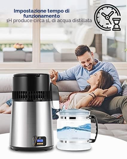 Hanchen Distillatore d'acqua digitale 1L/H acqua distillata rendendo 750W sistema distillatore in acciaio inox con brocca di vetro, Distillatori d'acqua temporizzati controllati