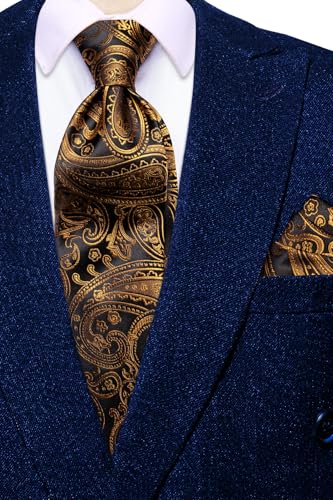 Image of Hi-Tie Mens Paisley Floral Striped Ties Set Silk Necktie and Lapel Pin for Men Pocket Square Cufflinks Set Business Wedding