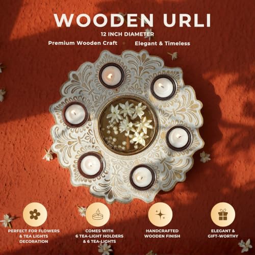 Image of BEHOMA Wooden Urli Bowl with 6 Tea Lights, Rustic White, 12 inch | Rustic white wooden mandala urli with 6 tea lights; perfect Diwali, rangoli & festive centerpiece.
