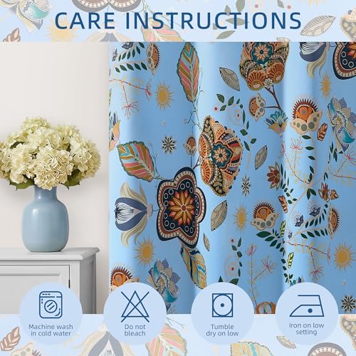 Image of XiDi Light Blue Patterned Curtains 96 Inches Long Blackout Floral Curtains | Aesthetic Pretty Drapes for Dining Room Modern Farmhouse Vintage Curtains Grommet Window Treatment Set of 2 Panels 52Wx96L