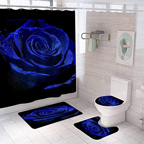 Camille&Andrew 4Pcs/Set Dewy Royal Blue Rose Shower Curtain, Valentine's Day Gift Elegant Floral Romantic Flower Bathroom Decor, Fabric Bath Curtain Non-Slip Bath Rugs Toilet Carpet Bathroom Mat, Blue #TOP1