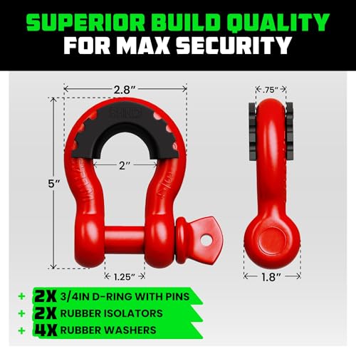 Image of Rhino USA D Ring Shackles (2-Pack) - 41,850lb Break Strength - Heavy Duty 3 /4 inch Clevis Shackle with 7 /8 Pin for Towing & Off-Road Use - Pairs with Tow Strap for Vehicle Recovery (Red)
