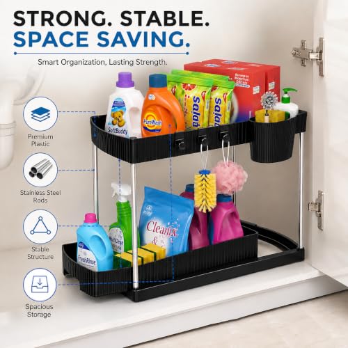 Image of JD Fresh Pack of 1 Under Sink Storage Organizer /Pull Out Cabinet Storage with Hooks & Hanging Cup /2 Tier Plastic Organiser Rack and Sliding Shelf Basket (Black)